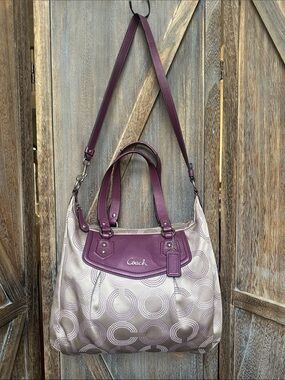 Coach Ashley Dotted Op Art Convertible Shoulder Bag F20068 Beige Plum Purple